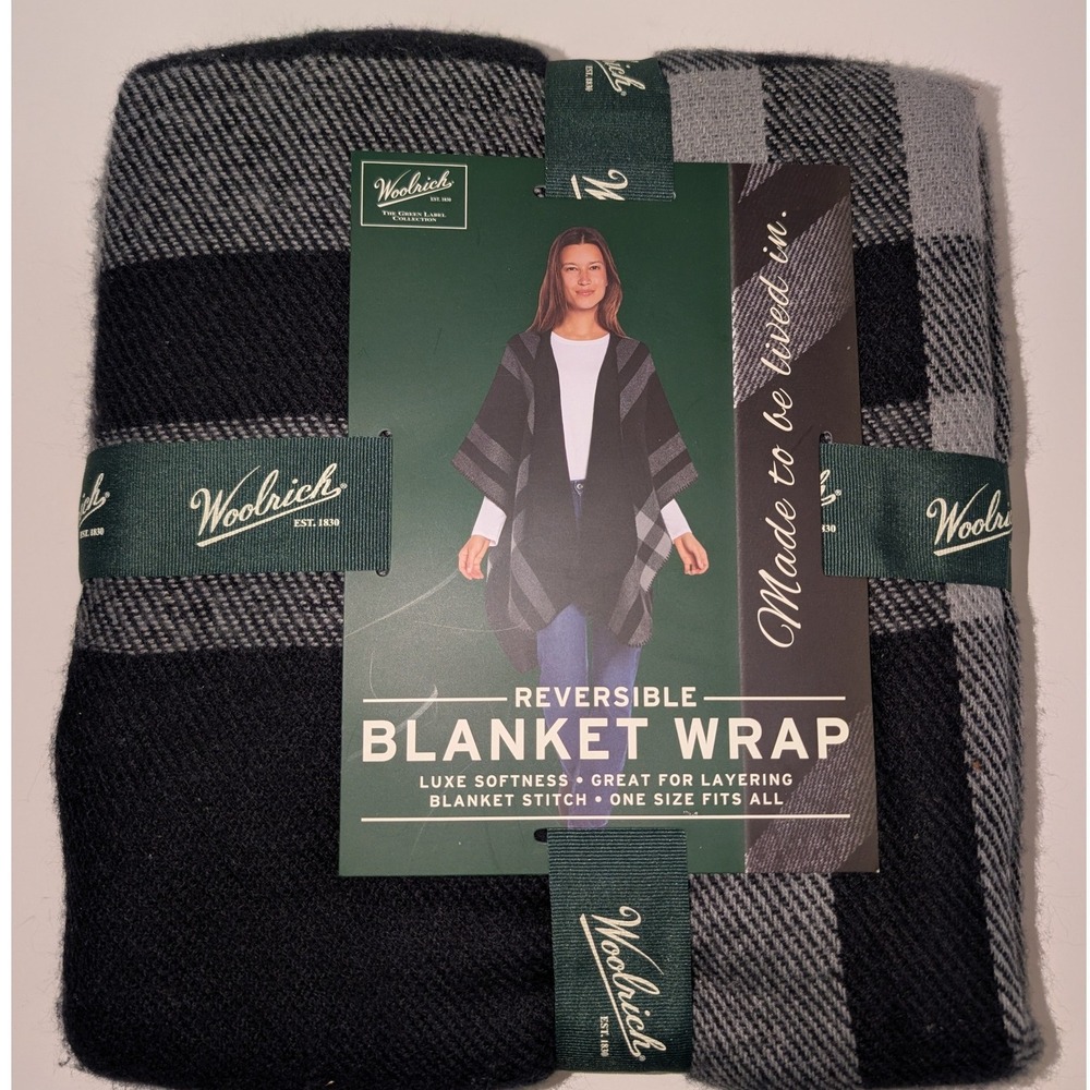 Woolrich Reversible Blanket‎ Wrap Black Grey Plaid Poncho OS NWT